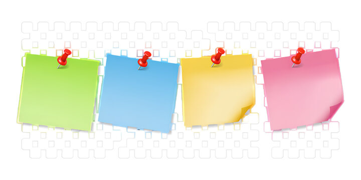 Colorful sticky notes attached to a white wall in a row isolated on transparent background