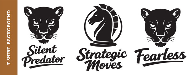 Three stylish vintage tshirt design concepts featuring fierce panther faces and a knight chess piece logo with bold typography © jubayer95