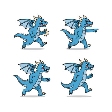 Blue cartoon dragon character in different poses with copy space