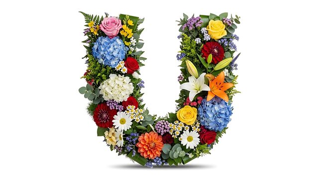 Vibrant floral letter U with lilies and dahlias on white