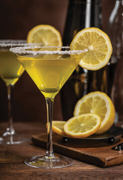 Lemon drop martini with sugar rim and lemon slice