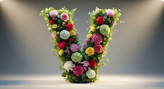 Vibrant floral letter V with roses, hydrangeas, and greenery