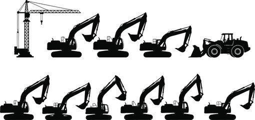 Construction machinery silhouette set with excavators, crane and tractor isolated on white background vector illustration collection © Shaqbia