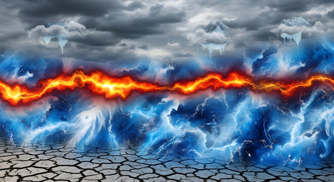 Conceptual representation of extreme contrasting forces, fire and ice energy clash under a stormy sky over cracked, dry earth symbolizing conflict, balance, or duality