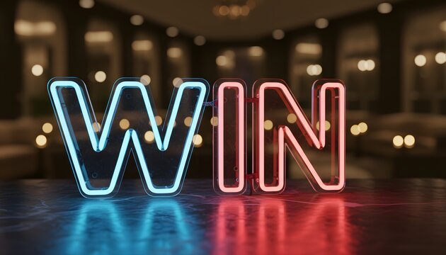 Bright Neon Win Sign for Mega Millions Lottery Jackpot Concept, Glowing with Red and Blue Lights in a Dark, Thrilling Setting.