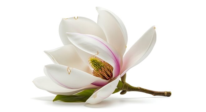 White Magnolia Flower with Pink Veins on White Background