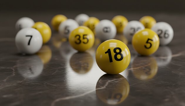 Bright yellow and white lottery balls with random numbers scattered on a reflective surface for a Mega Millions winning concept