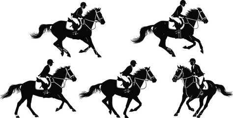 Set of black horse riding silhouettes featuring equestrian riders on galloping horses isolated on white background for sports design projects,