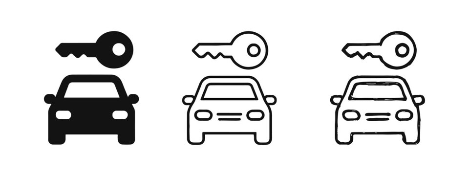 Car and key icon set. Vehicle rental or ownership symbol and automotive key access vector illustration.