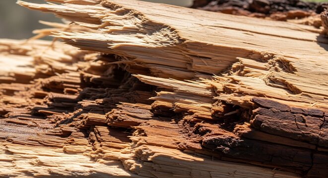 Close-up of broken wooden log with shattered layers