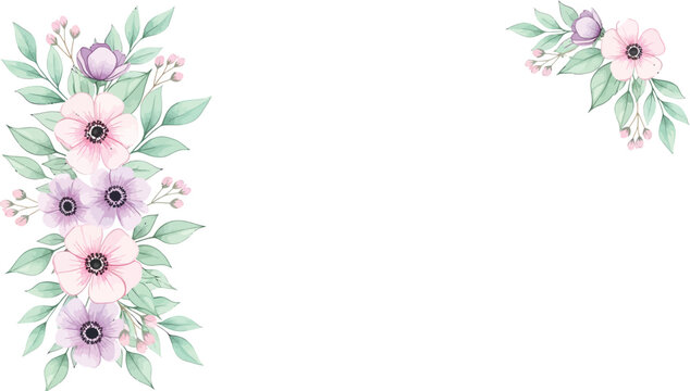 A delicate watercolor illustration featuring soft pink and purple flowers with green leaves arranged in two elegant clusters on a white background.