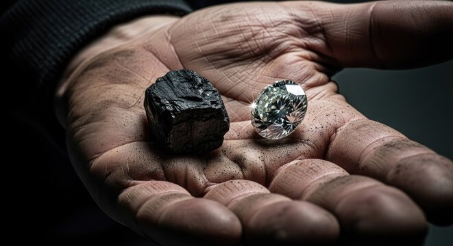 Close up of hand holding coal and diamond showcasing transformation concept