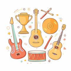 Naklejka premium Collection of musical instruments and awards, celebrating music and achievement