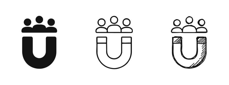Magnet attracting people icon set, Customer attraction marketing doodle, Lead generation symbol silhouette and line art