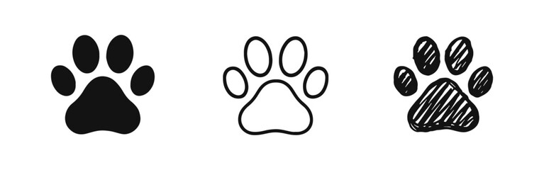 Animal paw print icon set, Pet track symbol doodle, Dog or cat paw silhouette and line art collection © drawing lines