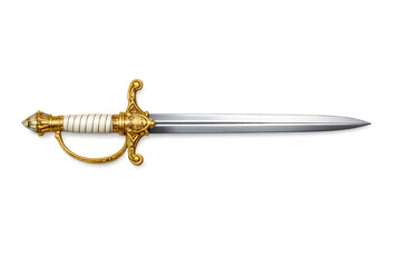 Ornate gold-plated ceremonial sword with white grip and detailed hilt on black background