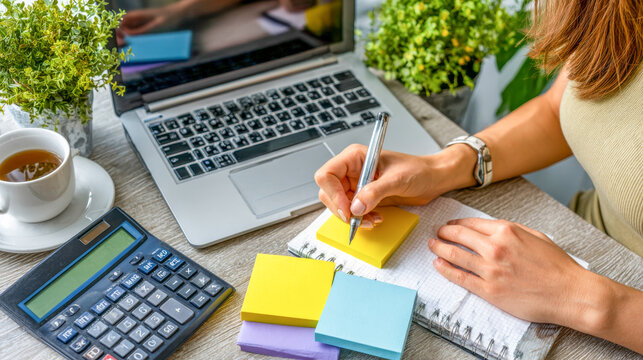 Bright workspace buzzing with creativity as a person organizes thoughts, surrounded by plants and tools for productivity