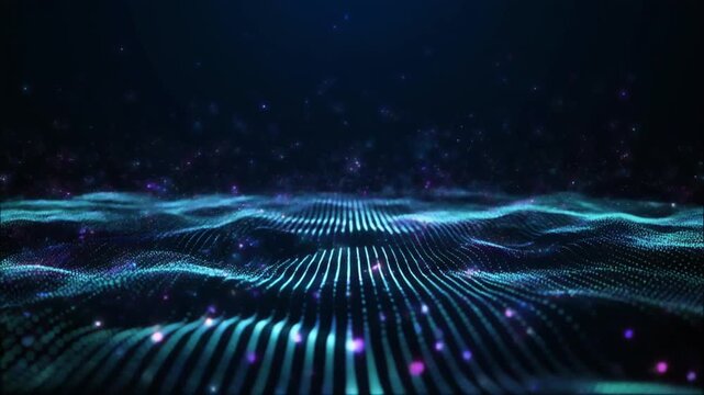 Quantum computing concept background with glowing particles and energy waves on a dark futuristic surface