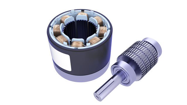 Industrial Stepper Motor Complete Disassembly.  AC Servo motor. The rotor is located next to the stator housing. 3D rendering isolated on white background. Ideal for educational, engineering