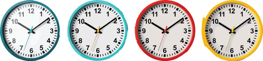 Colorful analog clocks with teal, blue, red, and yellow frames showing different times, educational learning resource for teaching children how to read time accurately