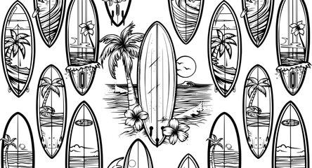 vector surfboard with flowers surfboard, vector, flowers, floral, hibiscus, tropical, summer, hawaii, surfing, surf, board, design, illustration, beach, ocean,  © STOCK VECTOR