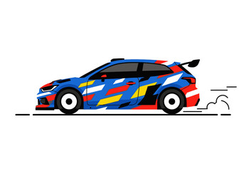 Fototapeta premium Stylized blue rally car with abstract red white and yellow livery speeding right