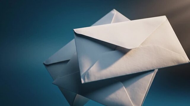 Pile of white envelopes on reflective surface with dramatic light rays