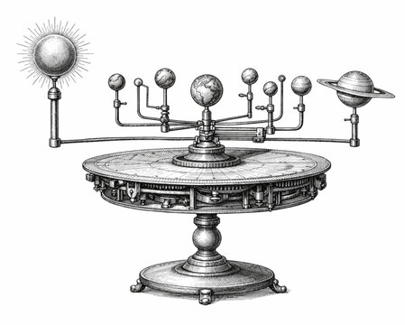 Antique Orrery Solar System Model Vintage Engraved Scientific Instrument Illustration Isolated on White