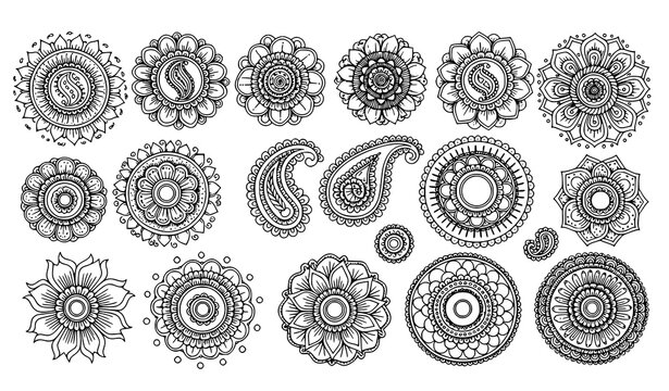 Henna floral mandala vector set hand drawn mehndi ornamental collection illustration