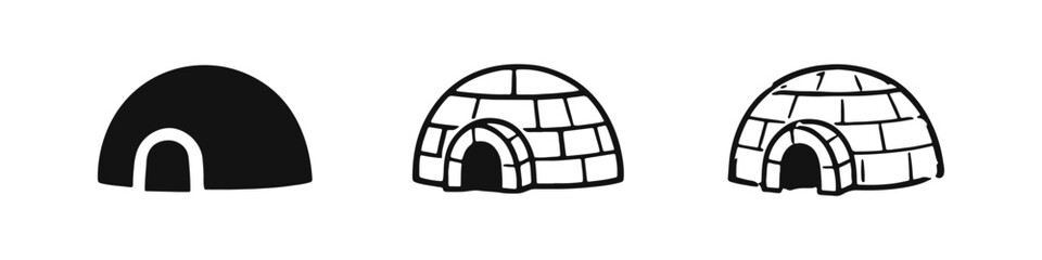 Igloo Ice House Icon Set. Hand Drawn Arctic Shelter Symbol in Doodle Sketch Style. Winter Dwelling. © drawing lines