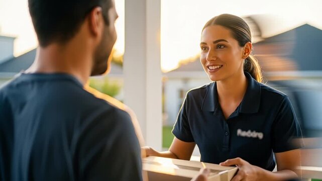 A smiling delivery woman handing a package to a customer at the doorstep in a sunny neighborhood.