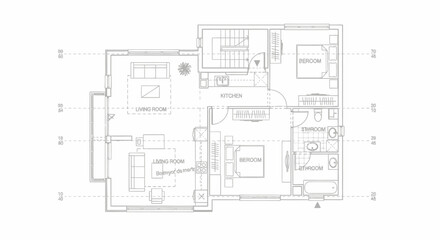 Detailed architectural floor plan blueprint drawing of house apartment layout on isolated white background