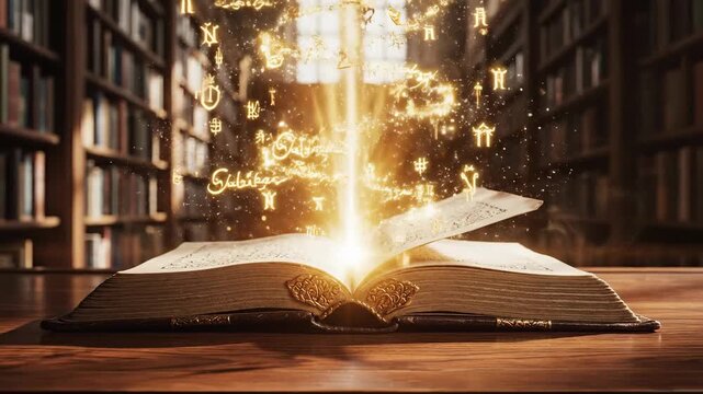 Unlocking Knowledge - A Magical Book in a Library Setting.