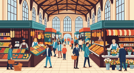 Bustling Indoor Market Hall with Diverse Stalls and Shoppers