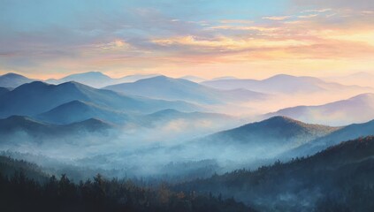 Fototapeta premium Majestic Blue Mountains at Dawn with Golden Sky and Atmospheric Haze.