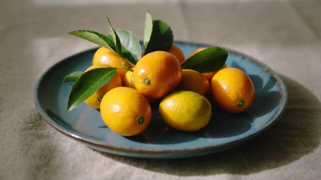 Macro video of sliced and whole kumquats on a blue ceramic plate with detailed skin texture.