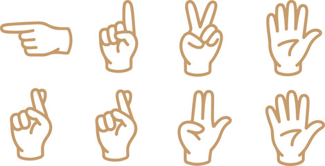 Fototapeta premium Hand Gesture Icons Collection Featuring Minimalist Line Art Hands Showing Counting and Pointing Signs Vector Illustration Set for UI, Education, and Design Projects