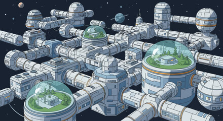 Futuristic space station habitat with biodomes, interconnected modules, and green spaces in orbit.