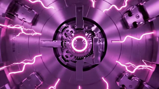 A futuristic vault door with purple lightning bolts and a sleek car in a high-tech room