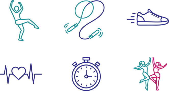 Fitness dance icon collection minimal icons zumba pose jump rope music pulse dynamic energy vector