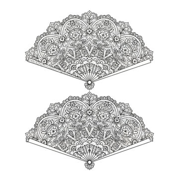 Intricate Floral Fan Ornament, Vintage Decorative Element, Black and White Vector Art