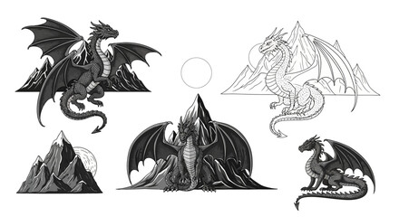 Mythical Dragons Collection: Pixel Art Designs with Mountains and Celestial Elements