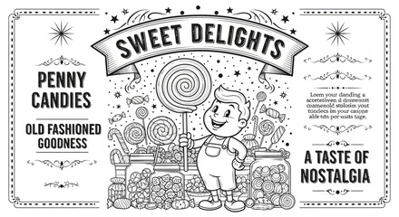Retro Candy Shop Boy with Lollipop, Vintage Sweet Delights Nostalgia