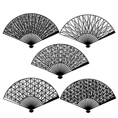Set of 5 Black Decorative Folding Fans with Intricate Geometric Patterns