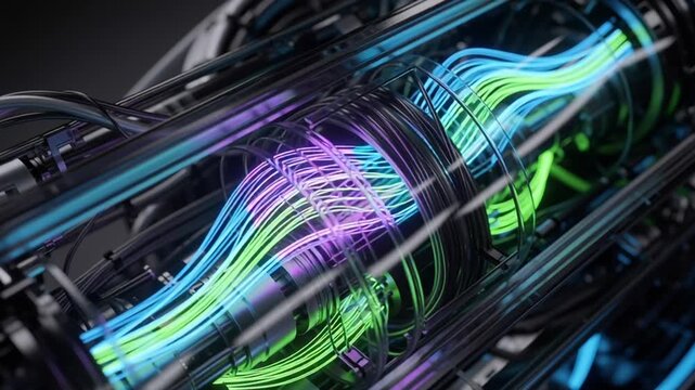 A video showcasing a mesmerizing display of colorful neon lights inside a modern computer system
