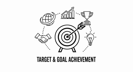 Obraz premium A stylized depiction of target and goal achievement, featuring icons representing global reach, growth, success, innovation, and collaboration