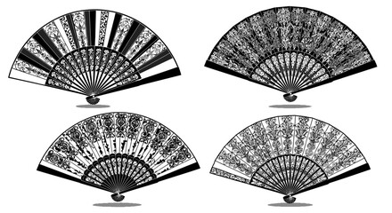 Set of Four Ornate Japanese Fans, Black and White Decorative Elements