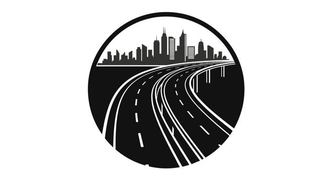 Urban Highway Leading to City Skyline in a Circular Frame.
