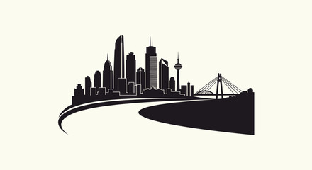 Fototapeta premium Modern City Skyline with Bridge and Road Silhouette.