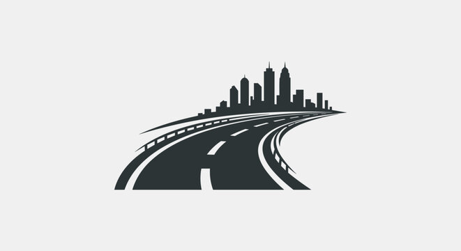 Curved road leading to a city skyline silhouette.